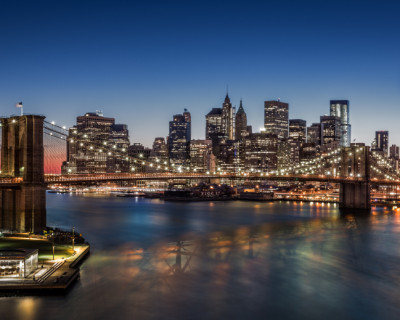 Brooklyn Bridge and Downtown Manhattan at dusk